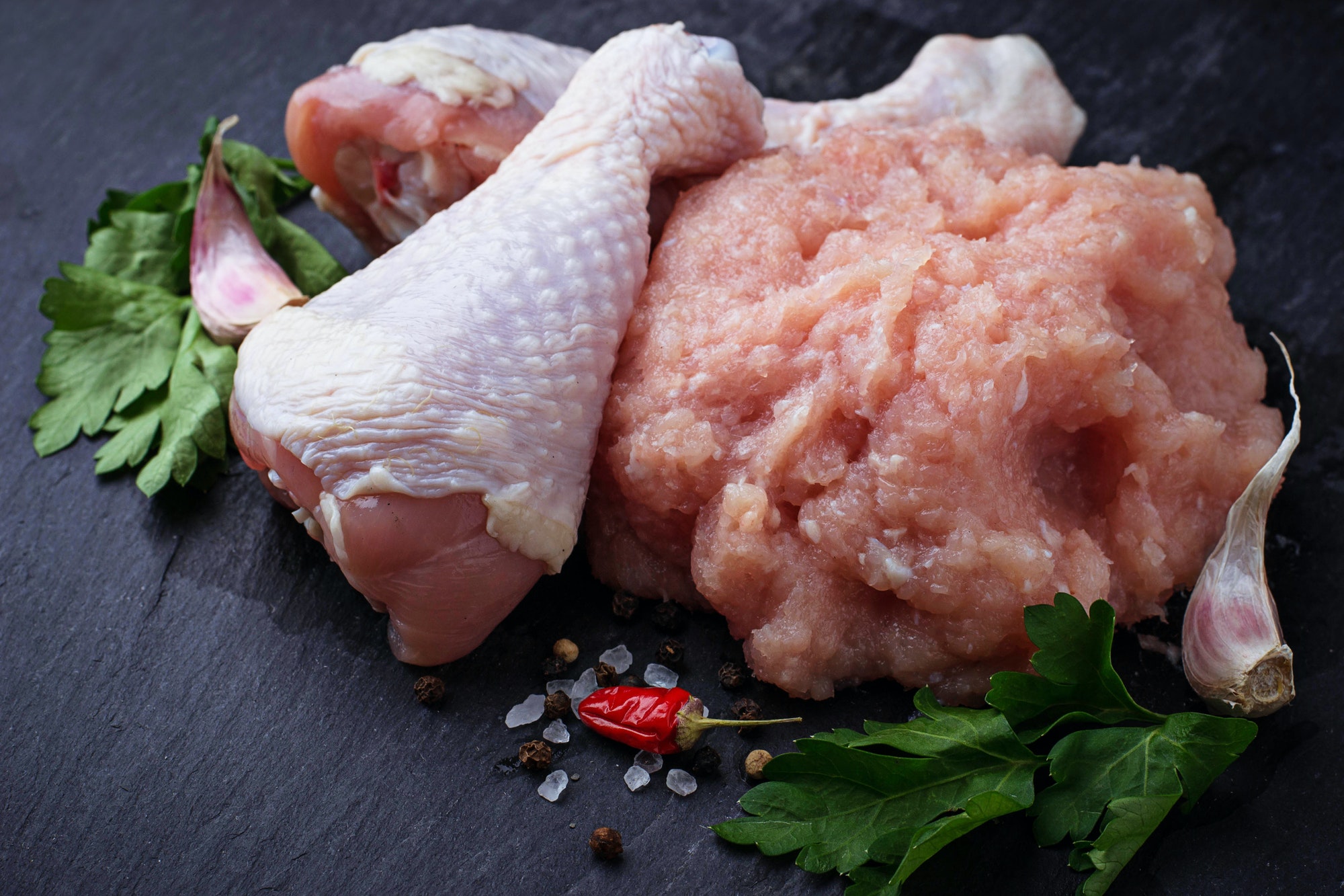 Raw chicken legs and minced meat